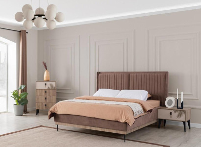 Brown Bedroom Double bed Designer Wood Modern 2x Bedside tables